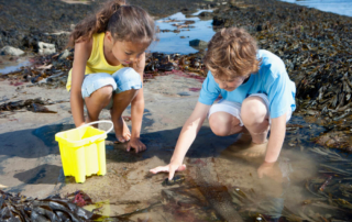 Two kids playing along the shores during one of the low tides in Newport, Oregon.