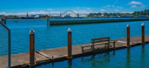 The dock of a resort in Newport, Oregon close to local surfing events.