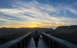A person hiking in Newport in the winter.